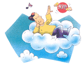 남자가 노래를 부르며 구름을 타고 있는 모습
